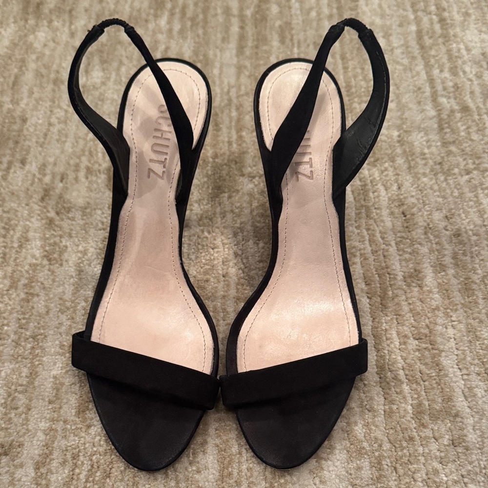 SCHUTZ Open toe, suede, Black Slingback Heels